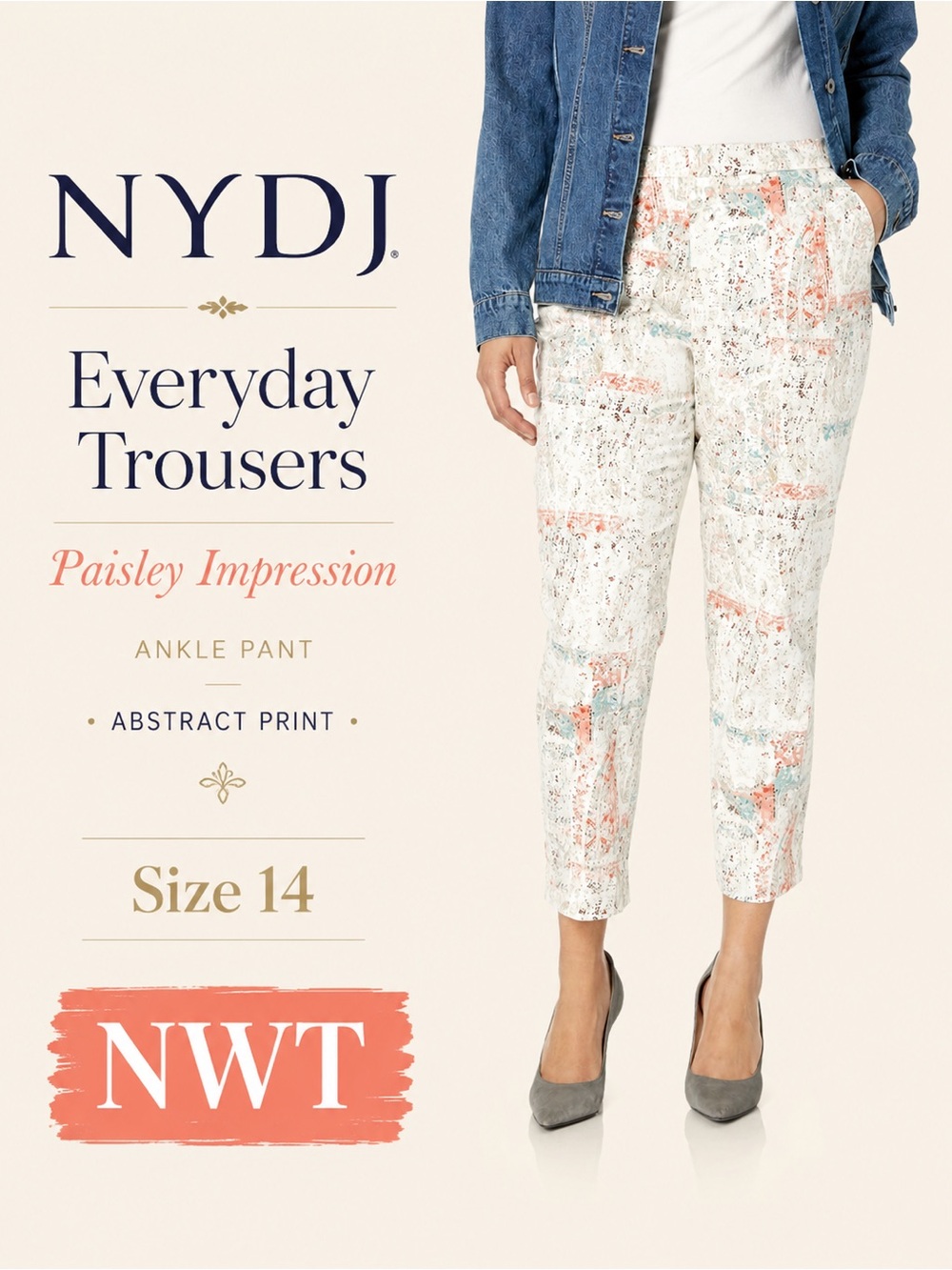 NYDJ White Ankle Trousers with Coral & Aqua Print‎